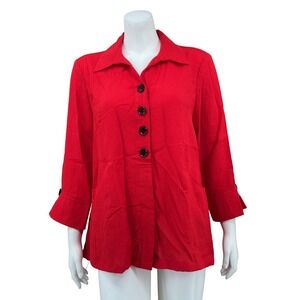 Ali Miles Top Womens Medium Red Button Up 3/4 Sleeve Pockets Crinkle Lagenlook
